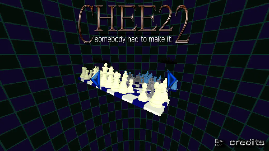 グリッド背景の上にチェス盤が浮かぶCHEE22のタイトル画面