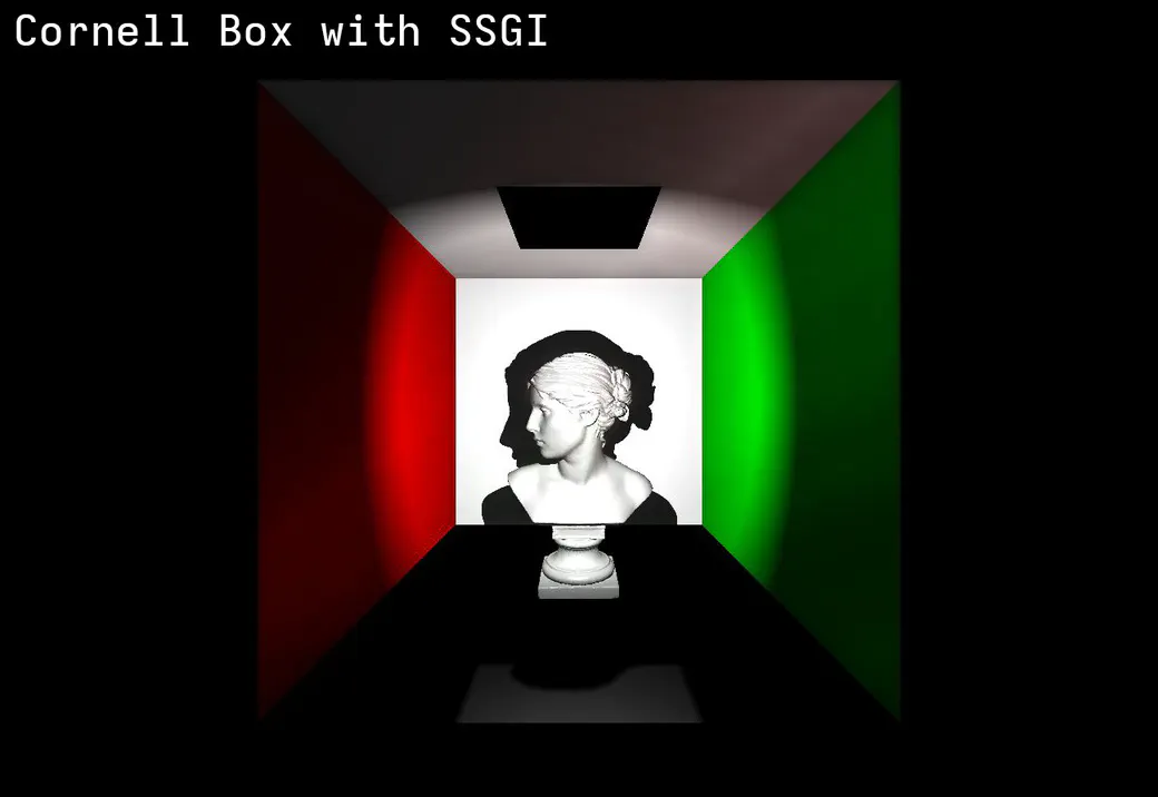 Cornell box with screen-space global illumination: a bust between red and green walls